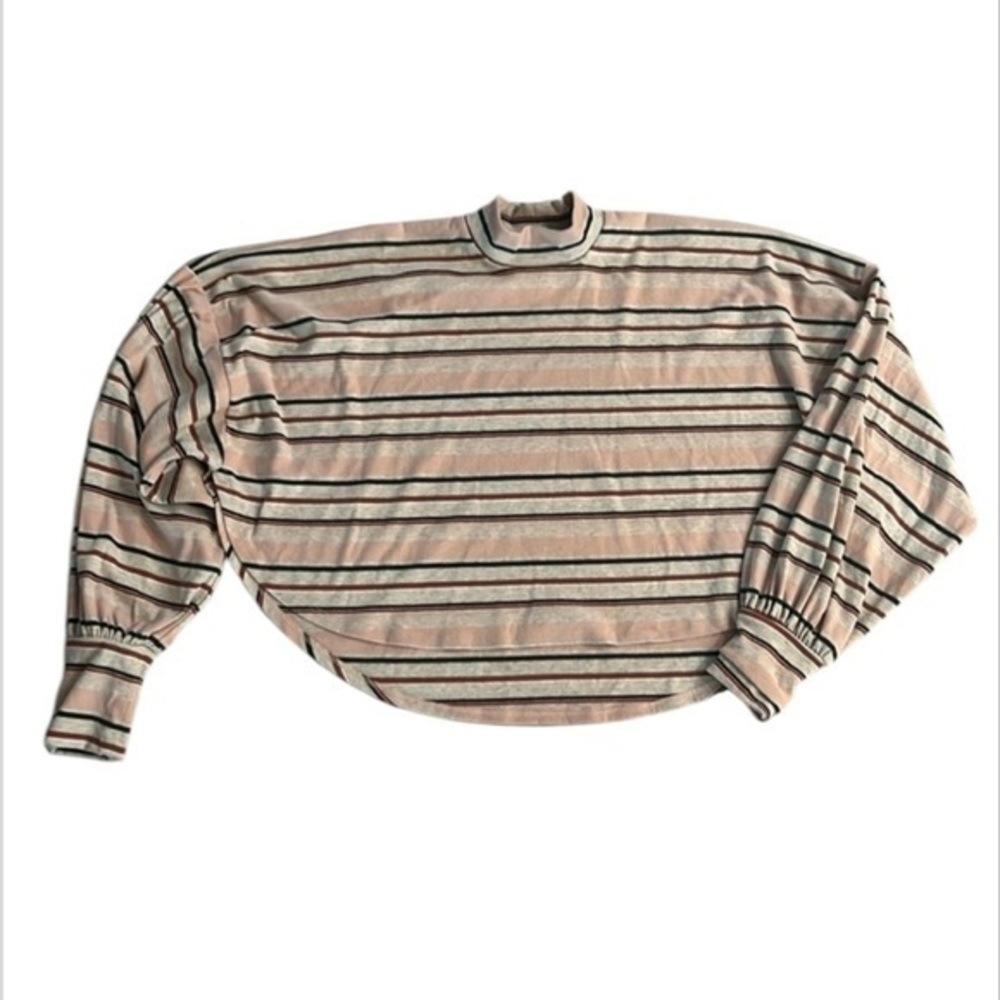 Free People Steph Striped Balloon Sleeve Mock Neck Top Pink Women's small